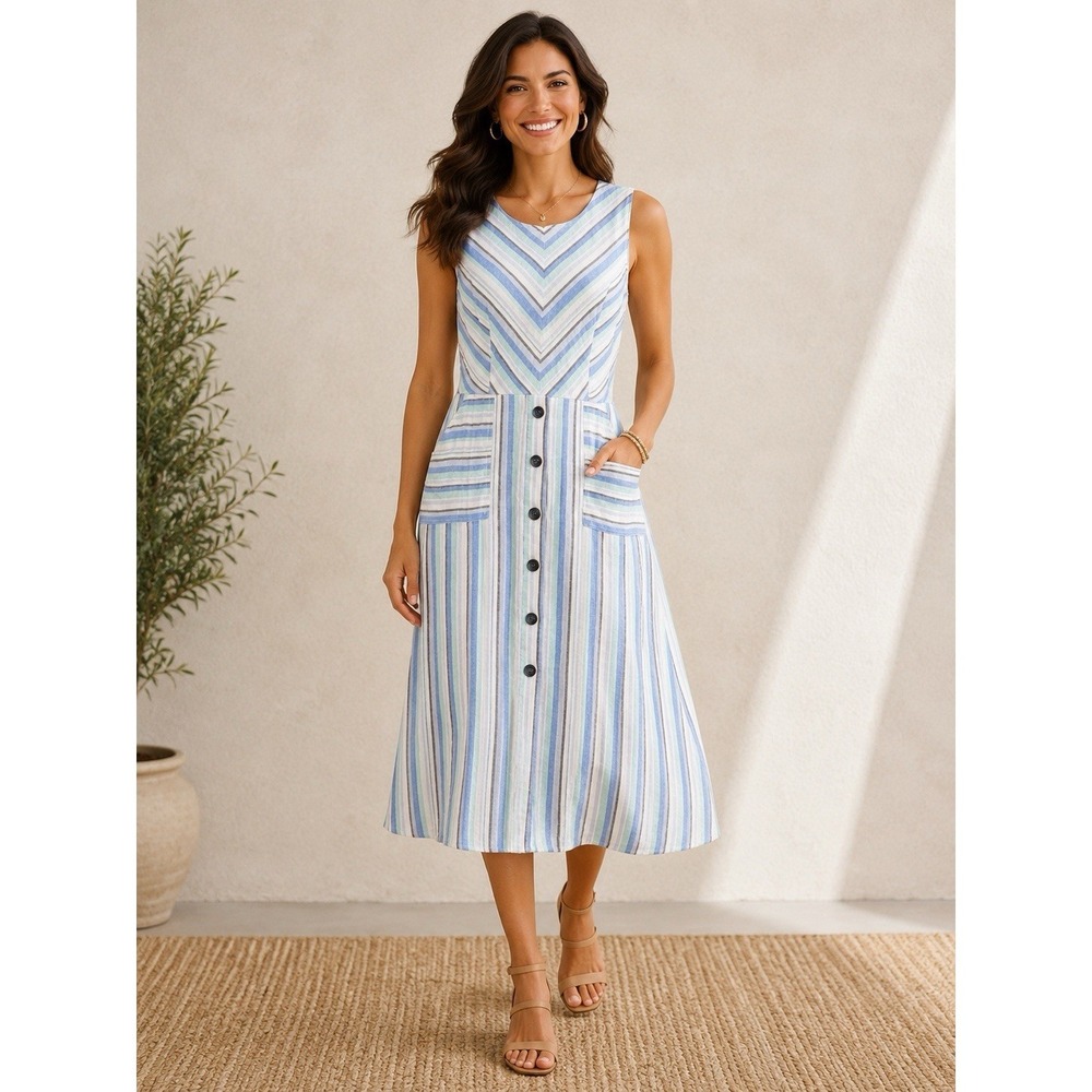 Vince Camuto Wistful Stripe Linen Blend Midi Dress Pockets Beach Summer Size XS